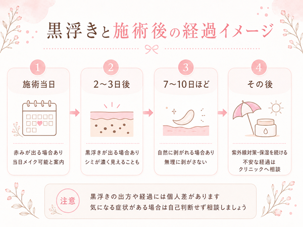 フォトシルクプラス後の黒浮きが出る場合の施術当日、2〜3日後、7〜10日後、その後のケアをまとめた経過タイムライン