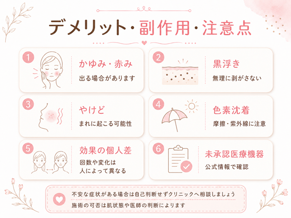 フォトシルクプラスのかゆみ・赤み・黒浮き・やけど・色素沈着・効果の個人差・未承認医療機器などのデメリットと注意点をまとめた図