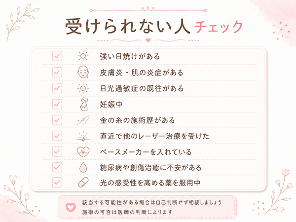 フォトシルクプラスを受けられない可能性がある強い日焼け・皮膚炎・妊娠中・服薬中・ペースメーカーなどの条件をまとめたチェック図