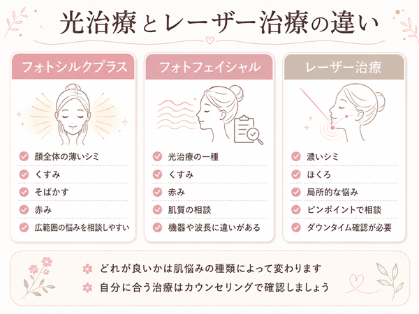 フォトシルクプラス・フォトフェイシャル・レーザー治療の違いを、薄いシミ・くすみ・赤み・濃いシミなどの悩み別に比較した図