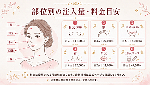 部位別の注入量・料金目安の早見表